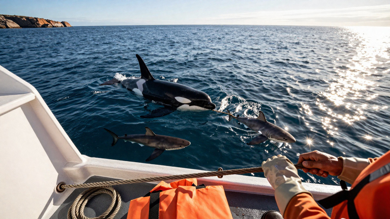 Orca e dois tubarões junto a barco com pessoa a pescar em mar calmo ao pôr-do-sol.