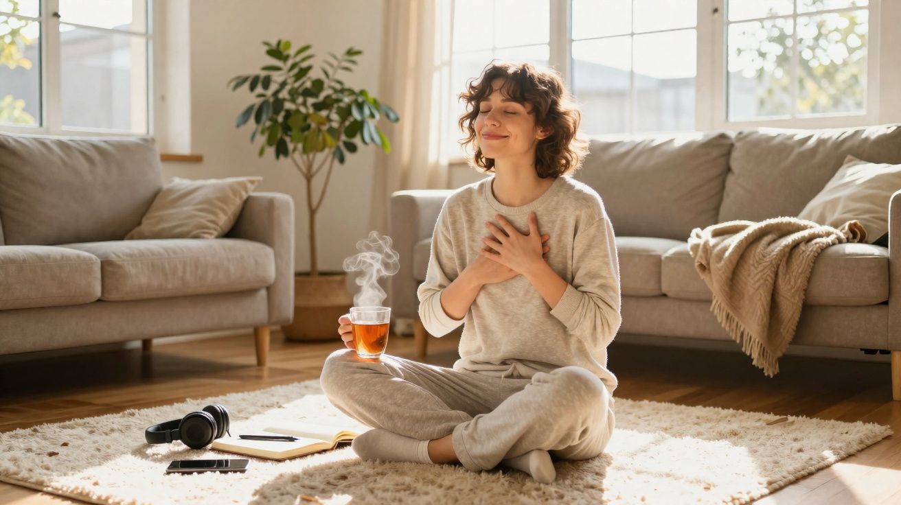 Mulher sentada no chão com chá quente, relaxando e meditando numa sala luminosa e confortável.