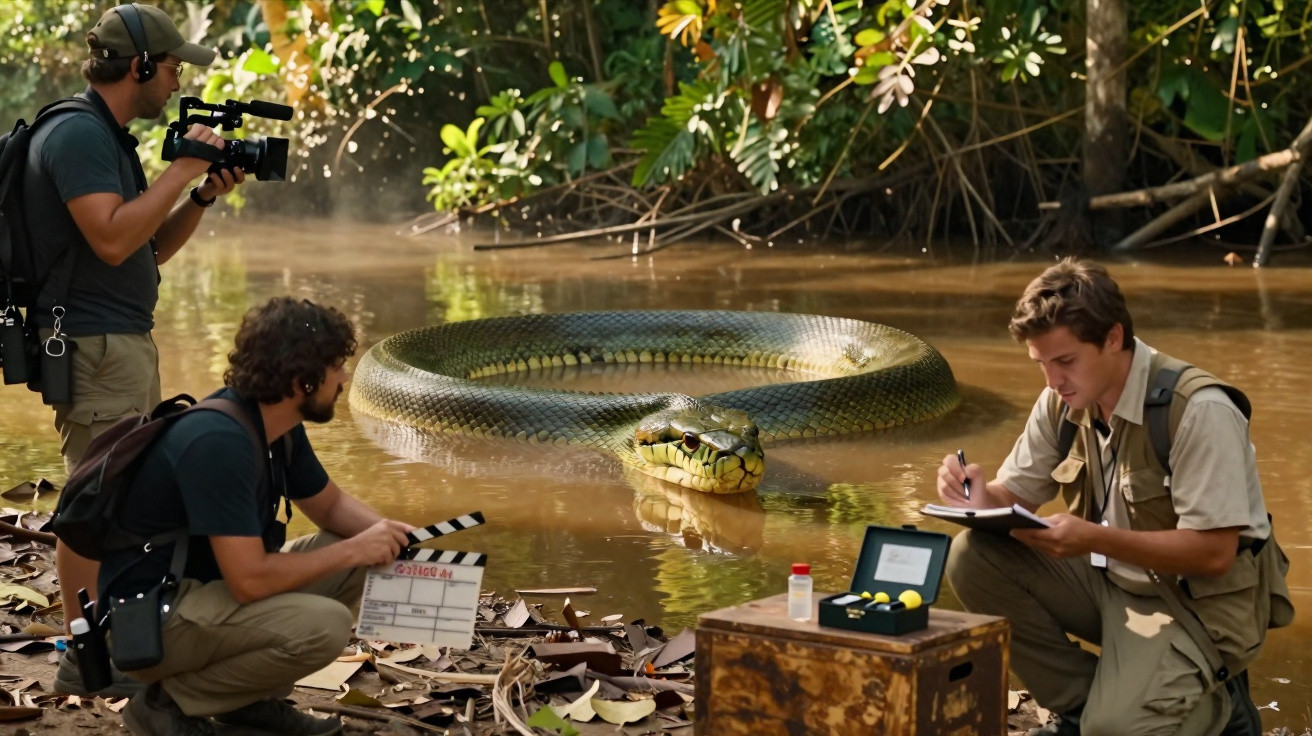 Seis homens a documentar estudo de uma enorme sucuri verde num rio cercado por vegetação.