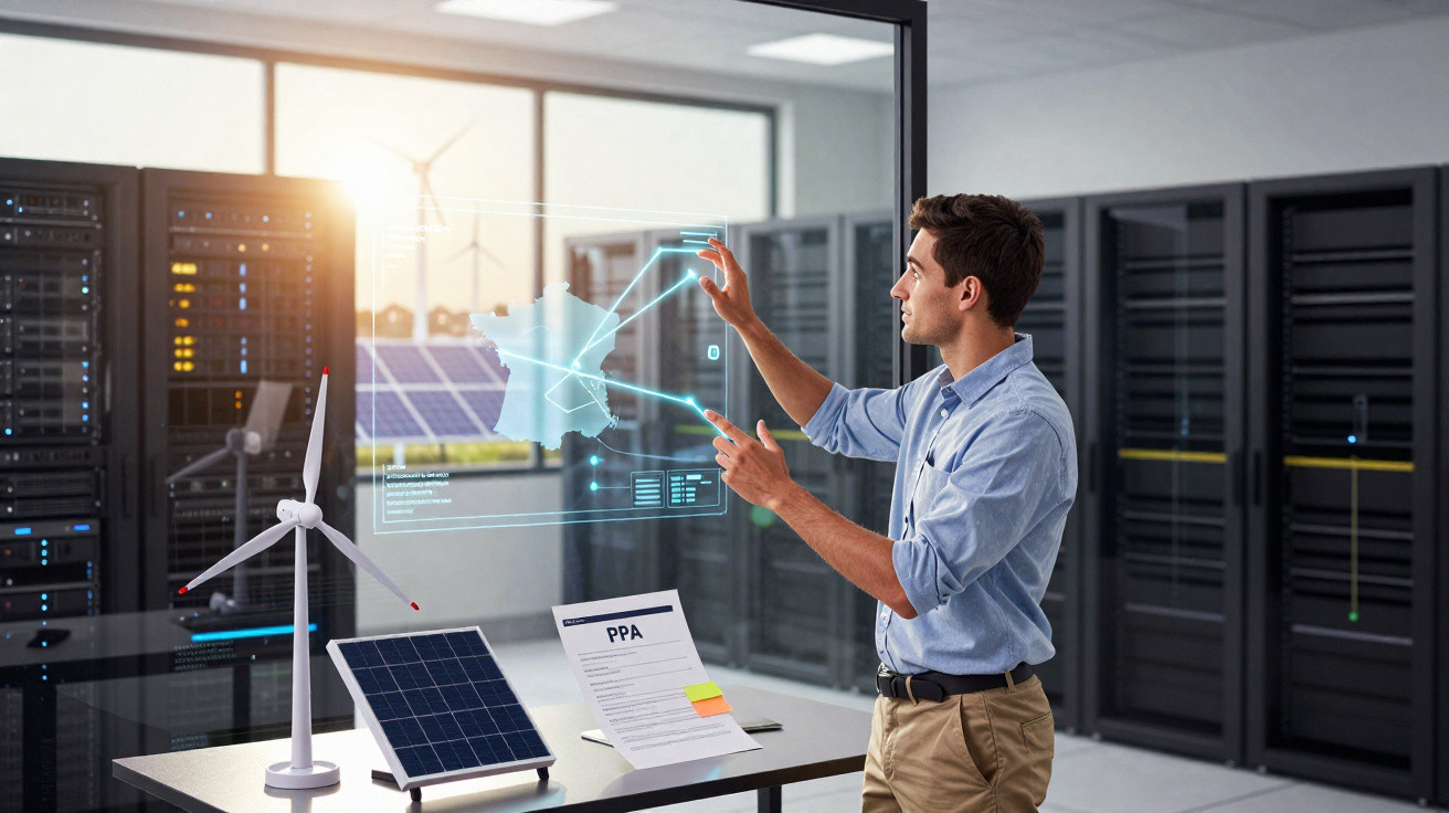 Homem interage com holograma de mapa em sala de servidores com modelos de turbina e painel solar.