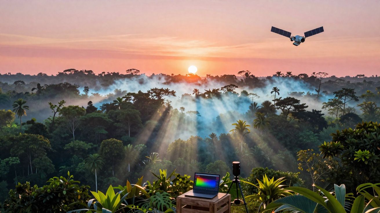 Satélite a sobrevoar floresta densa ao pôr do sol, com laptop e equipamento científico em primeiro plano.