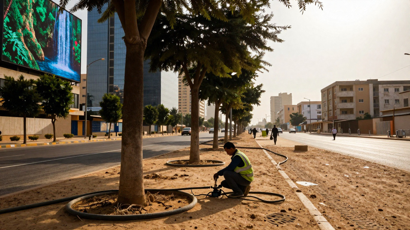 Homem a trabalhar na manutenção junto a uma árvore numa rua urbana com edifícios e algumas pessoas ao fundo.