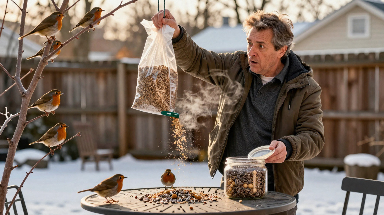 Homem a alimentar pássaros com sementes num jardim nevado durante o inverno.