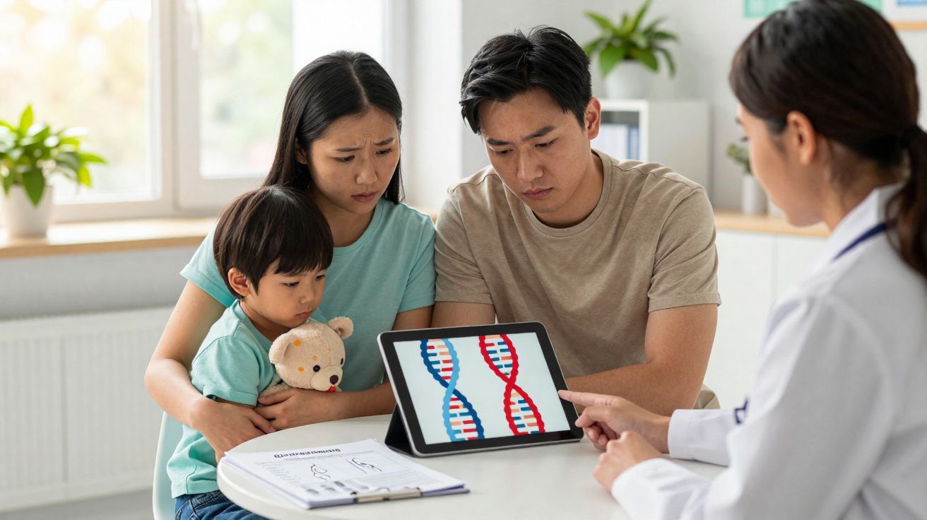 Família preocupa-se enquanto médica explica análise de ADN num tablet numa consulta médica.