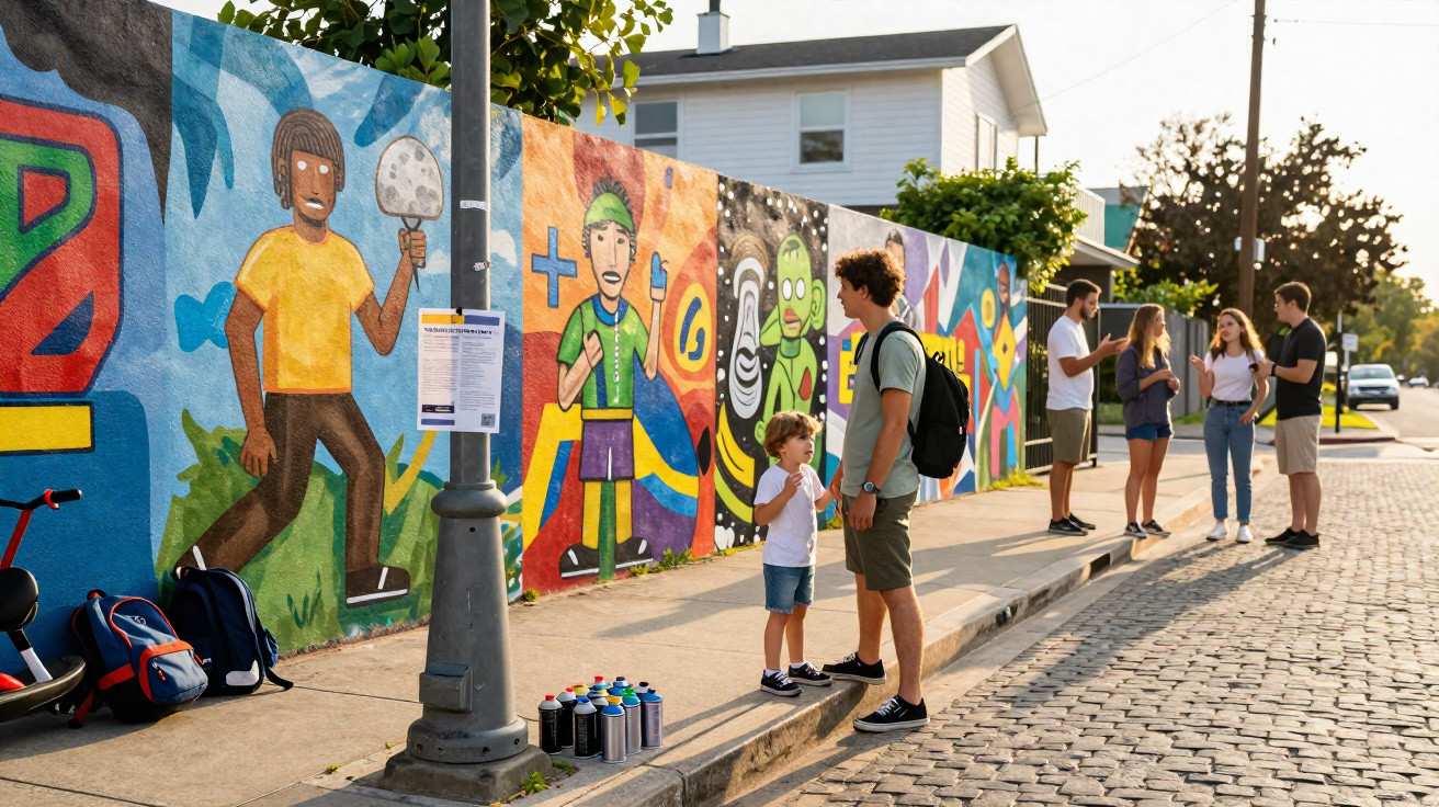 Jovens a conversar junto a um mural colorido numa rua pavimentada ao entardecer.