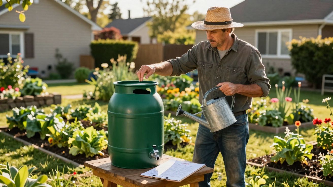 Homem com chapéu prepara rega de plantas numa horta em jardim soalheiro com regador e barril verde.