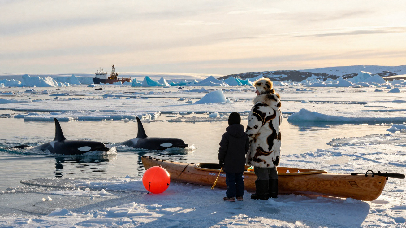 Duas pessoas junto a um caiaque contemplam duas orcas a nadar em águas geladas com icebergues ao fundo.