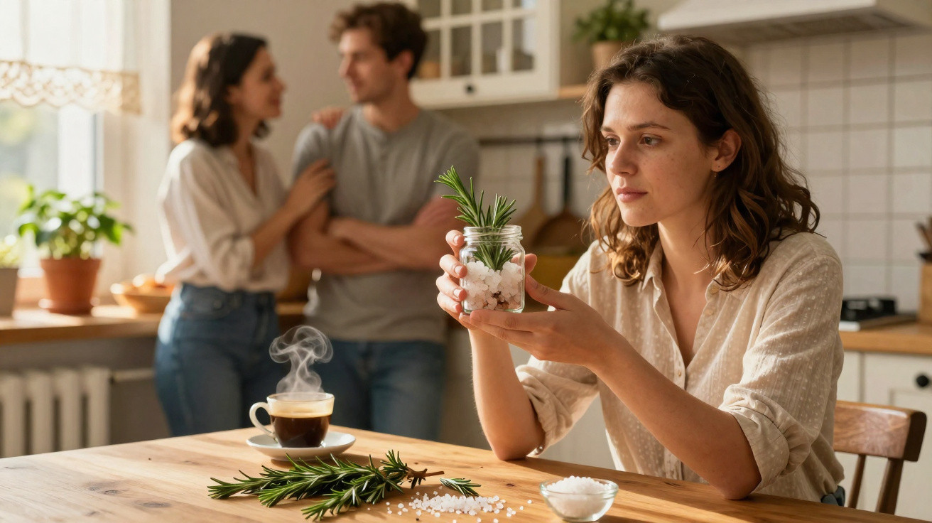 Mulher sentada à mesa a segurar frasco com ervas, casal ao fundo na cozinha, ambiente calmo e iluminado.