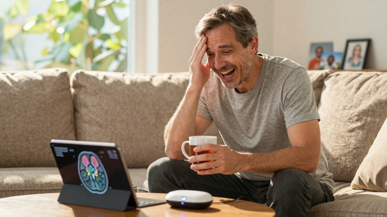 Homem sentado no sofá a olhar para um ecrã com imagem de ressonância magnética cerebral, sorrindo e segurando uma chávena.