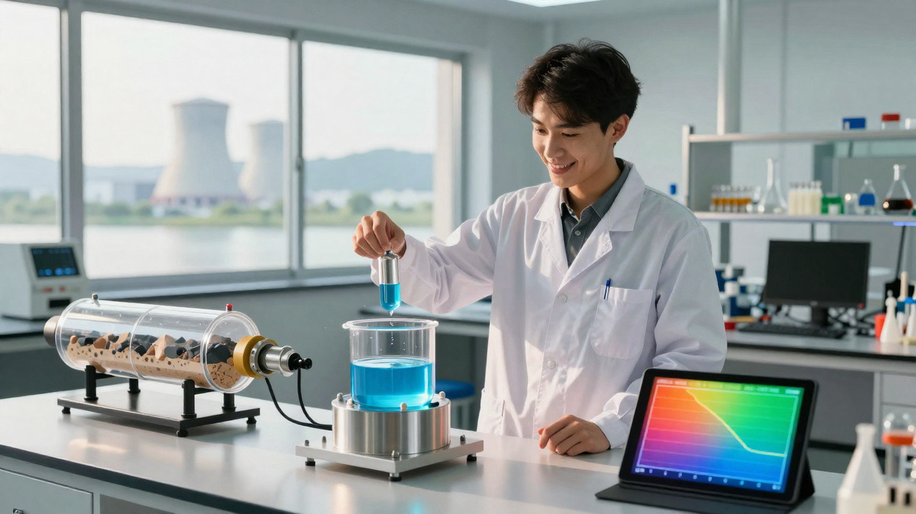 Cientista sorridente em laboratório a mexer líquido azul com pipeta, com equipamento e tablet à sua frente.