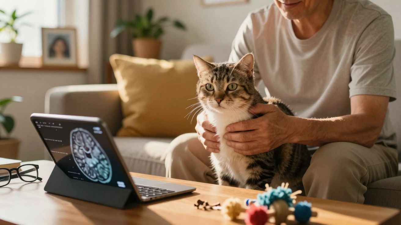 Homem sentado no sofá a segurar gato, com portátil e brinquedos num sofá iluminado pela luz natural.