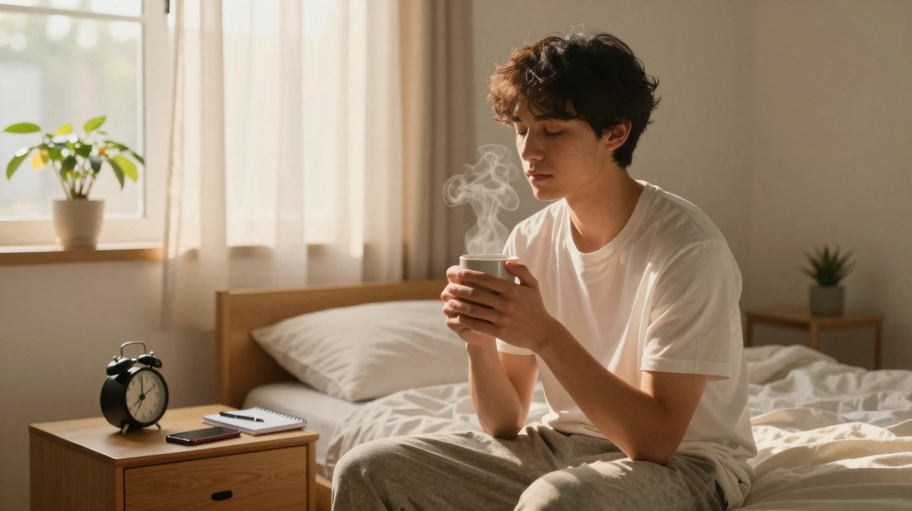 Jovem sentado na cama a segurar uma chávena quente com vapor num quarto iluminado pela manhã.
