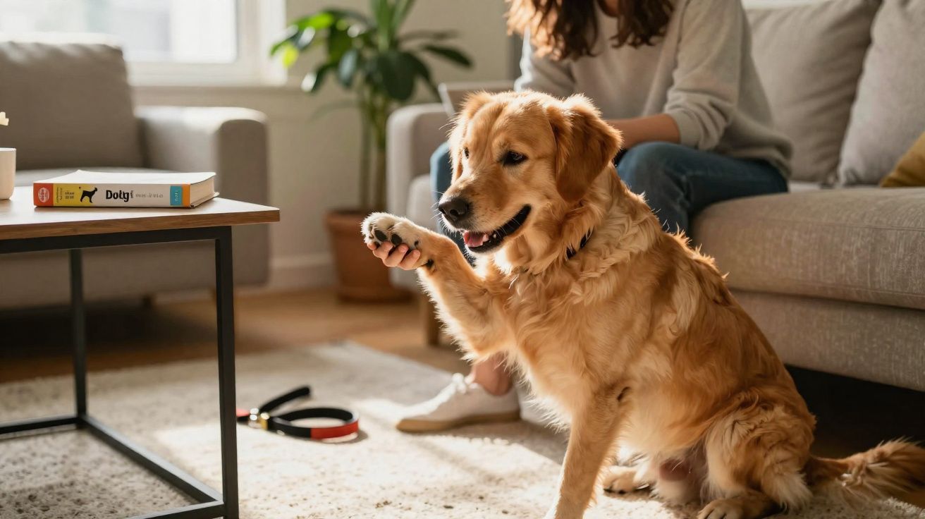 Cão golden retriever a dar a pata a uma mulher sentada no sofá numa sala luminosa e acolhedora.