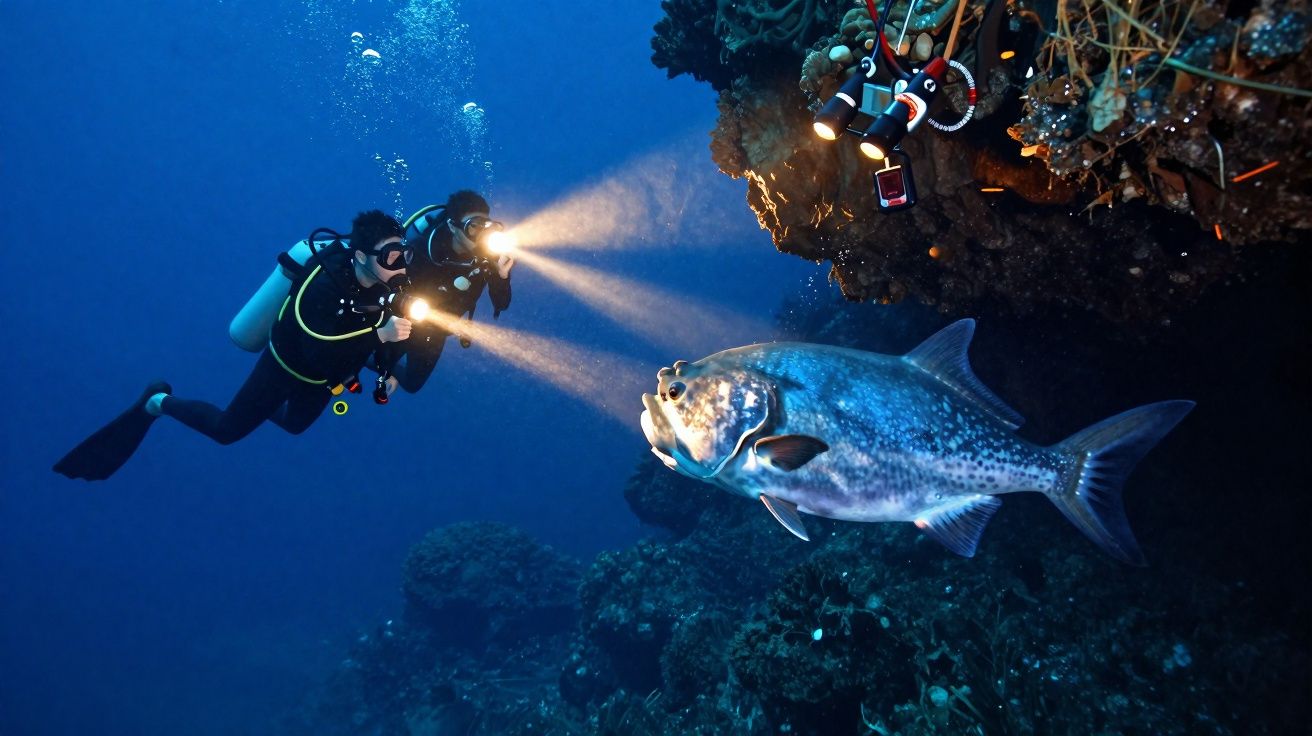Dois mergulhadores com lanternas exploram um grande peixe junto a um recife subaquático à noite.