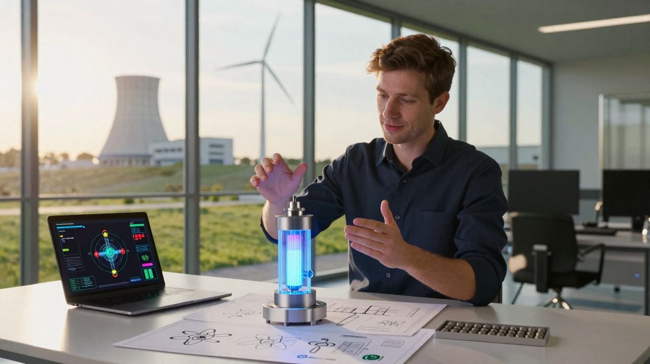 Homem a analisar protótipo de reator de energia sustentável numa mesa com esboços e computador portátil.