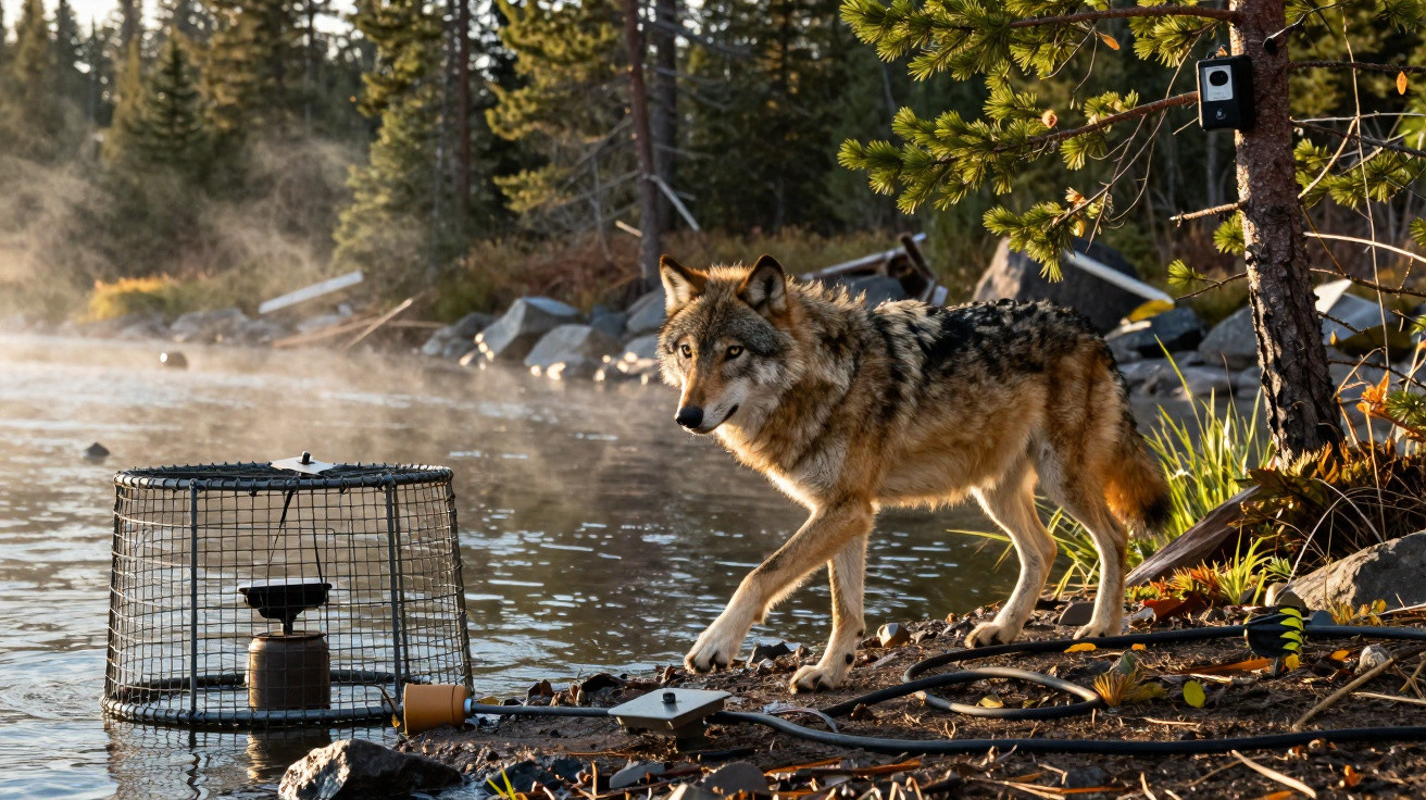Lobo cinzento junto a um lago com bosque ao fundo e equipamentos científicos na margem.
