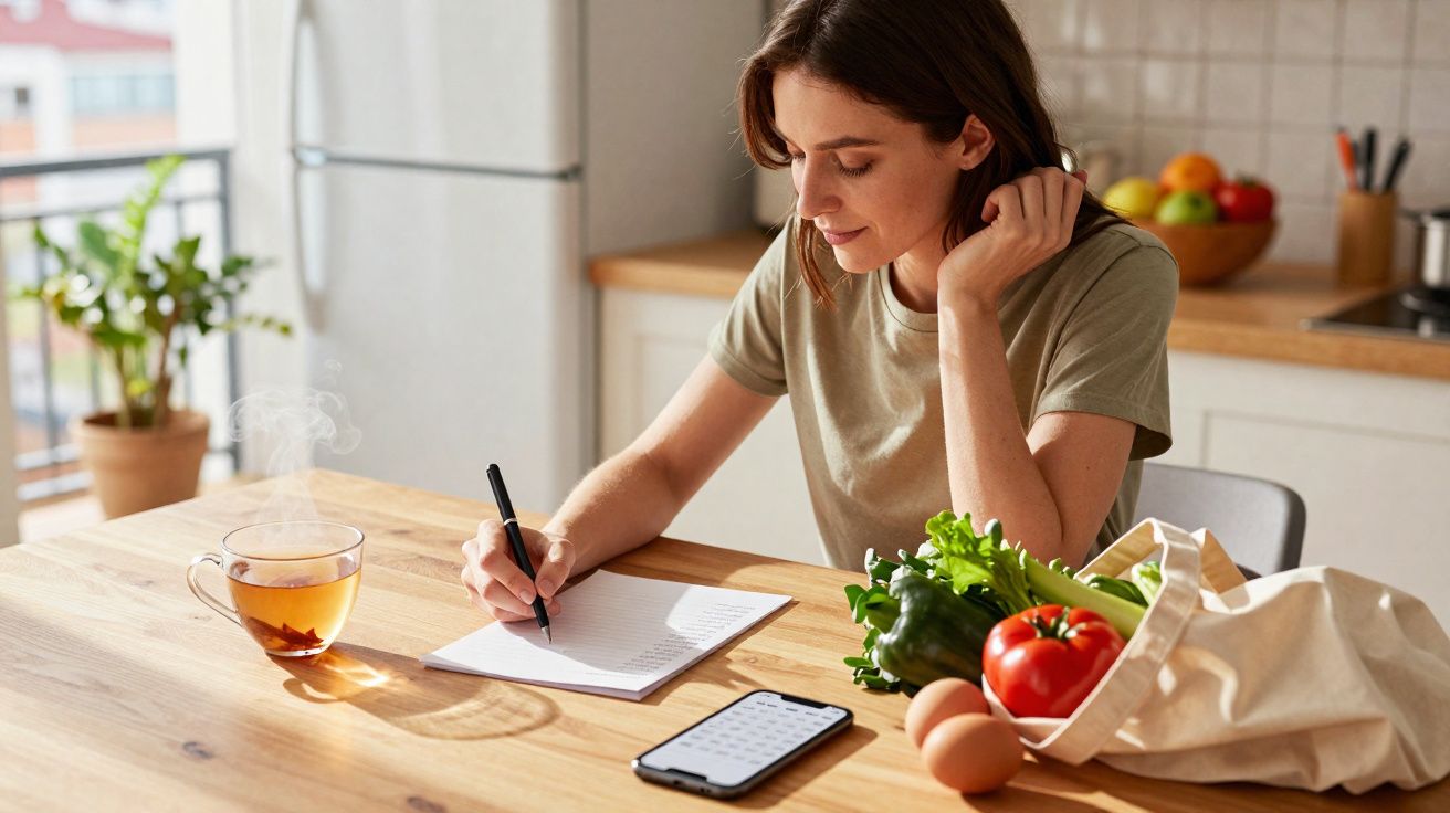Mulher a escrever numa folha junto a legumes frescos, ovo, telemóvel e chá fumegante numa cozinha.