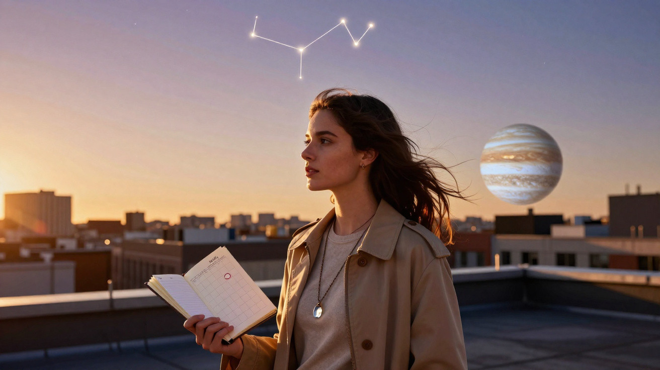Mulher em cenário urbano ao pôr do sol com planeta Júpiter e constelação digital no céu.