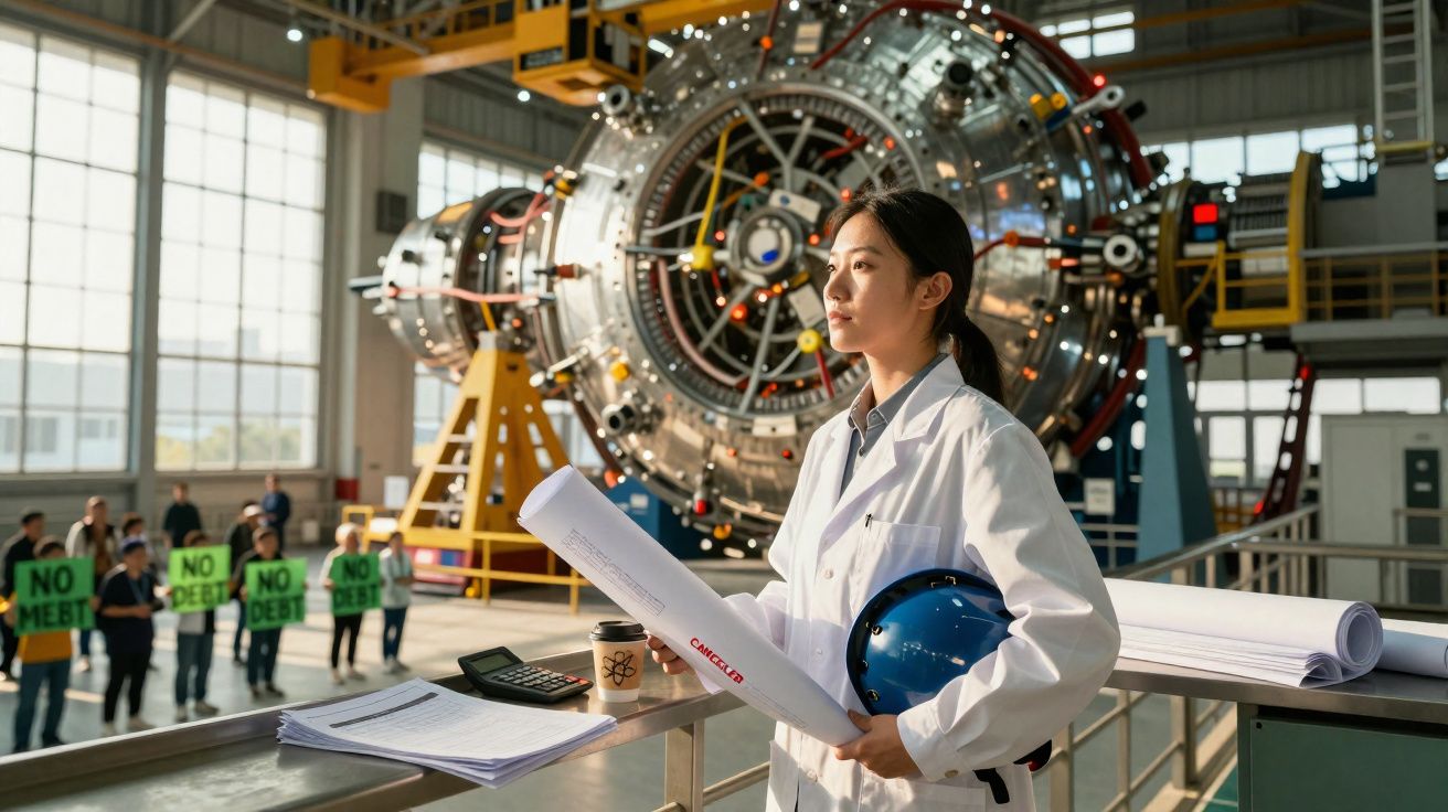 Engenheira segura desenhos técnicos e capacete azul em laboratório industrial com maquinaria e protesto ao fundo.