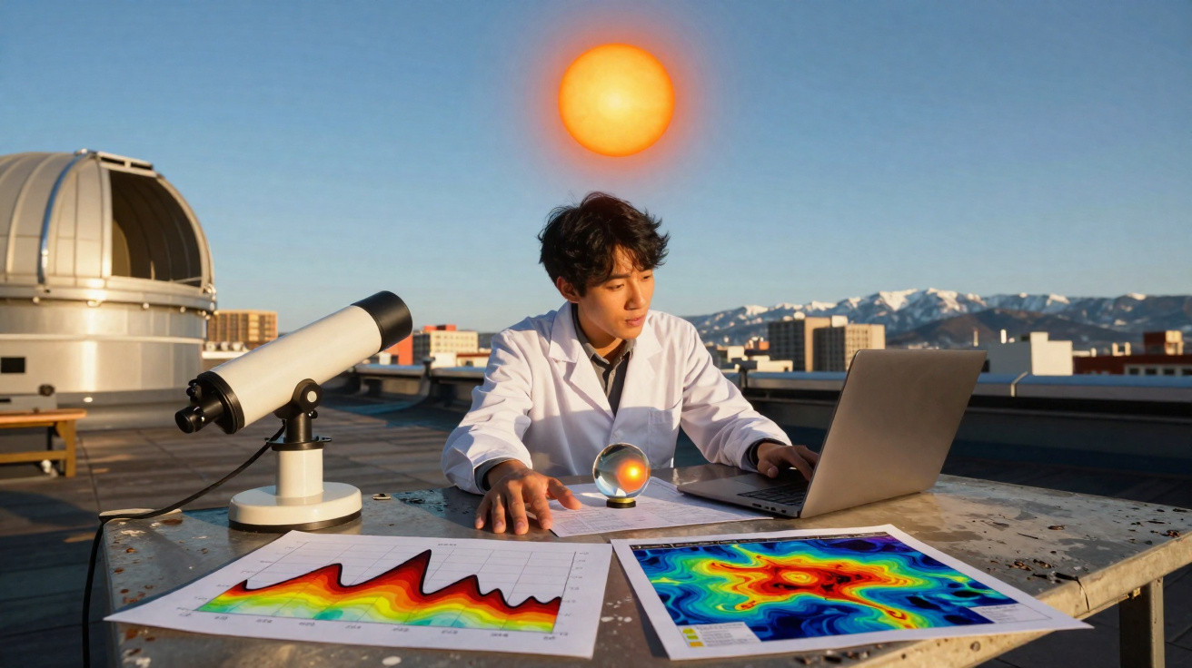 Jovem cientista com bata branca estuda gráficos e usa computador ao ar livre com telescópio e sol ao fundo.