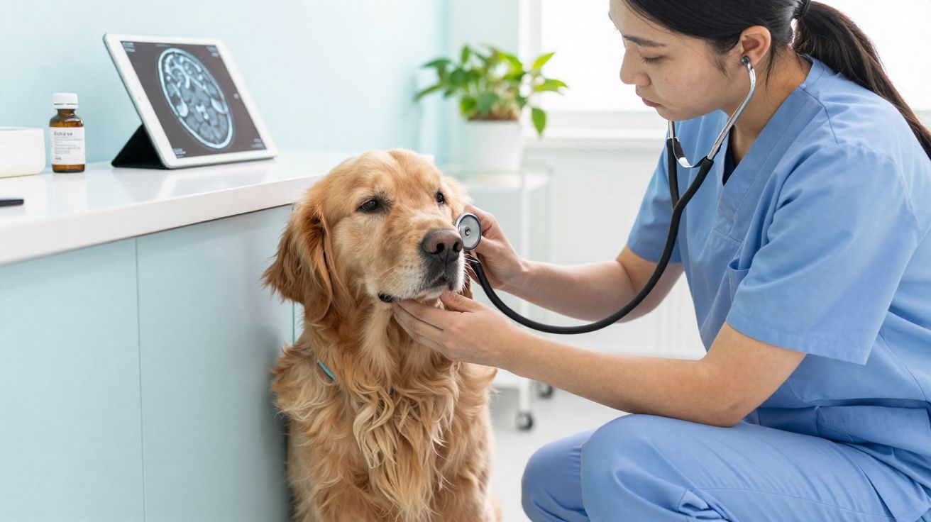 Veterinária com uniforme azul a auscultar um cão golden retriever numa clínica.