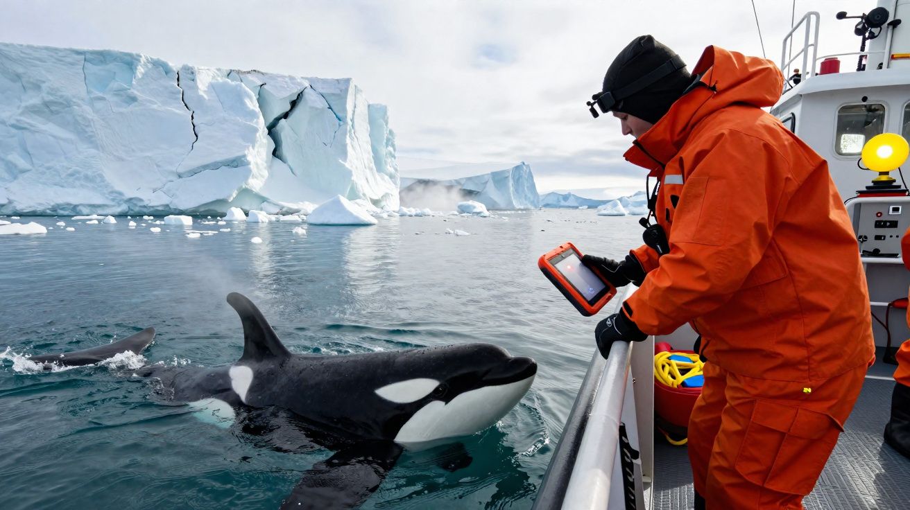 Pessoa vestida de laranja a fotografar uma orca junto a um barco, com icebergs ao fundo.