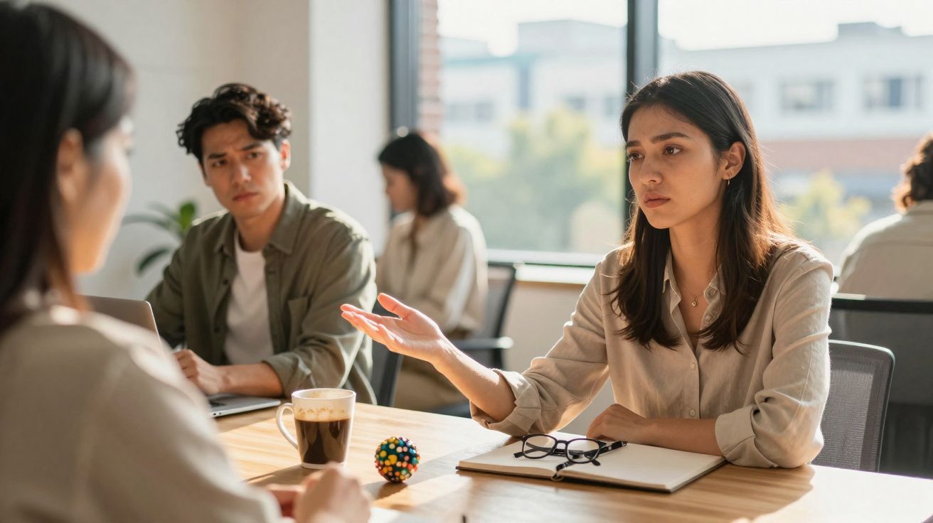 Mulher a explicar algo em reunião de trabalho com colegas atentos numa sala iluminada.