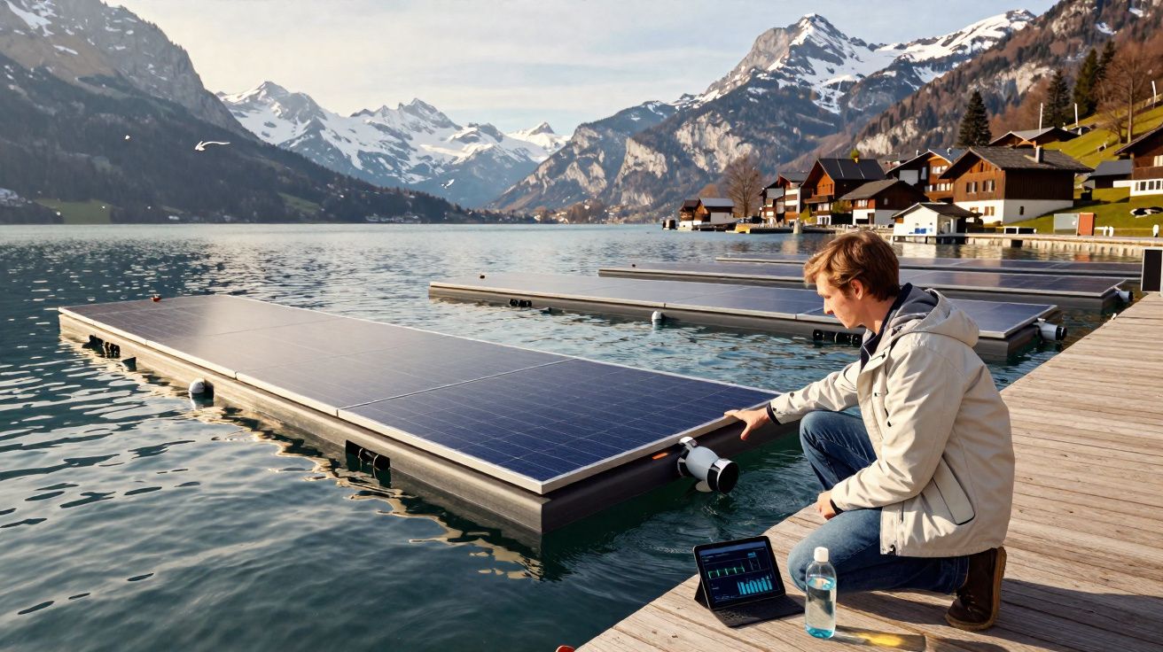 Homem a inspecionar painéis solares flutuantes num lago rodeado por montanhas e casas tradicionais.