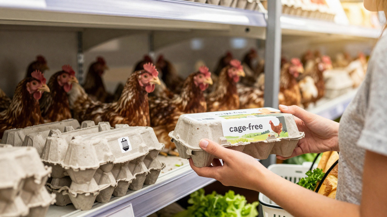 Pessoa segurando caixa de ovos cage-free em prateleira de supermercado com galinhas ao fundo.