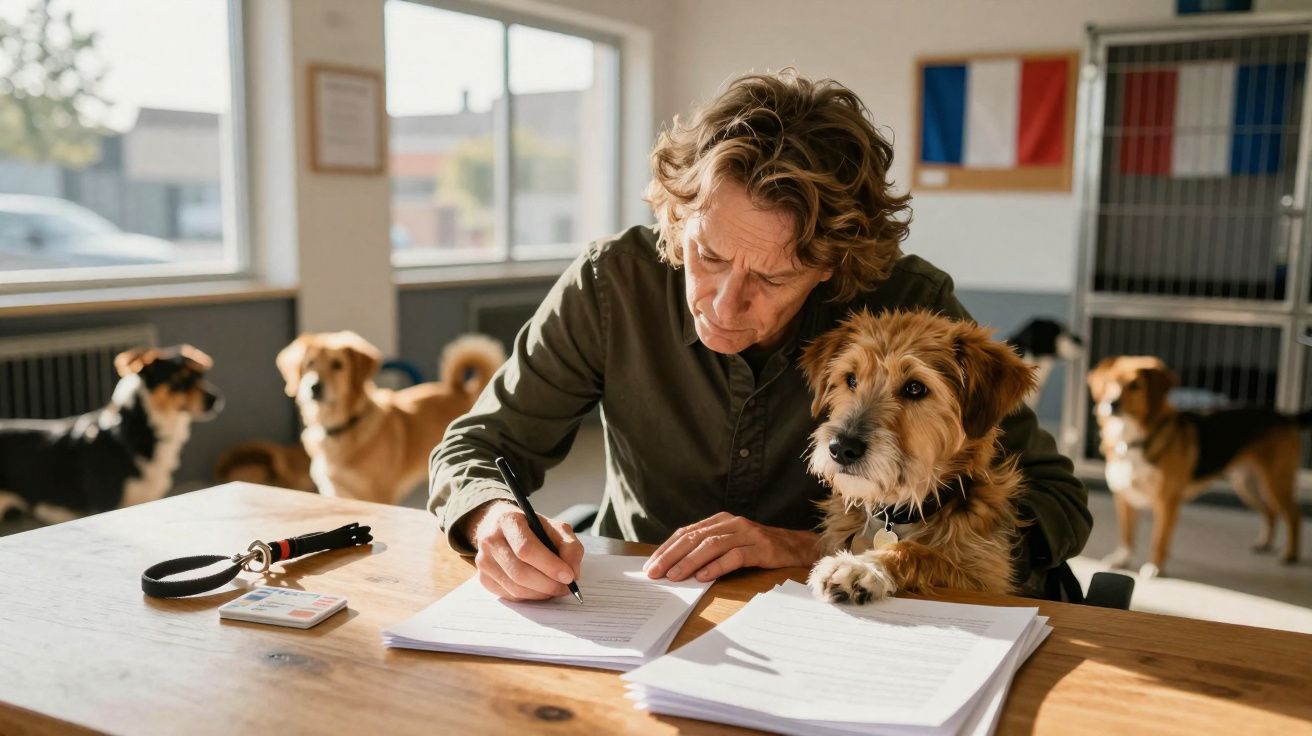 Pessoa a assinar documentos numa mesa com vários cães num abrigo de animais ao fundo.