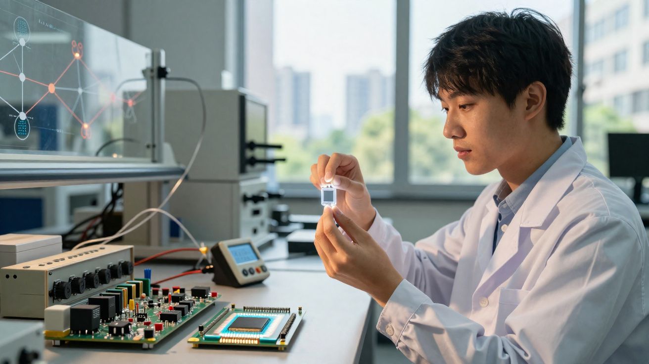 Jovem cientista em bata branca examina componente eletrônico numa mesa de laboratório tecnológico.