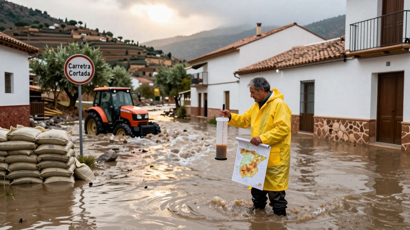 Homem de amarelo mede a profundidade da água numa rua alagada após enchente numa zona rural.