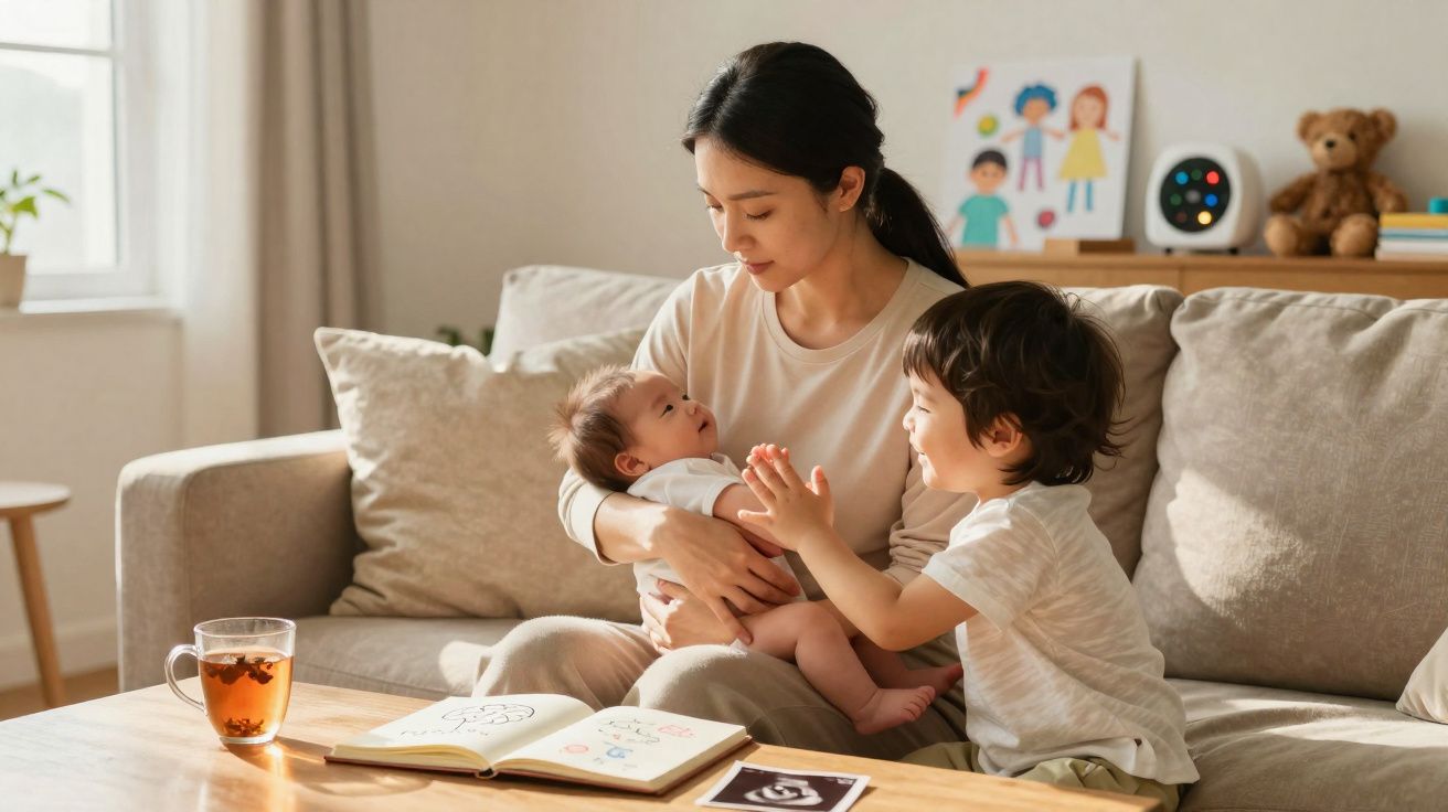 Mãe segura bebé no colo enquanto criança maior interage numa sala iluminada com mesa, livro e chá.