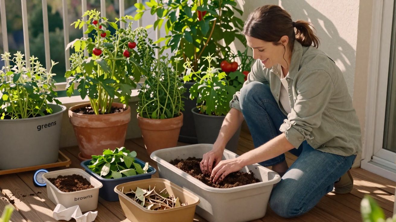 Mulher a cuidar de plantas em vasos num terraço com luz natural e ambiente relaxante.