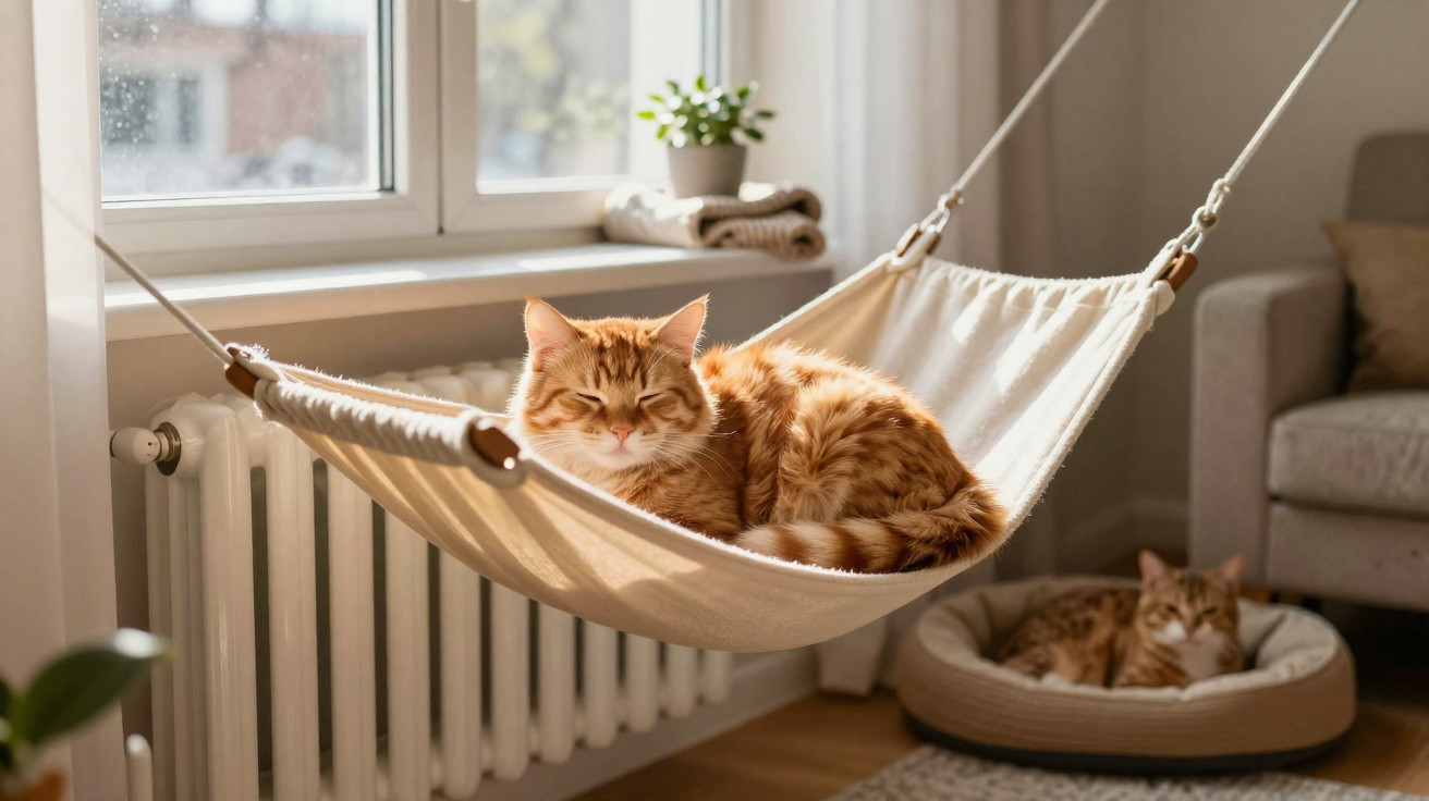 Gato laranja dorme numa rede junto à janela com luz solar quente, enquanto outro gato repousa numa cama para animais.