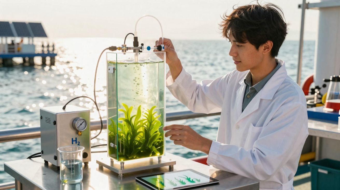 Cientista em bata branca manipula equipamento com plantas aquáticas num laboratório ao ar livre junto ao mar.