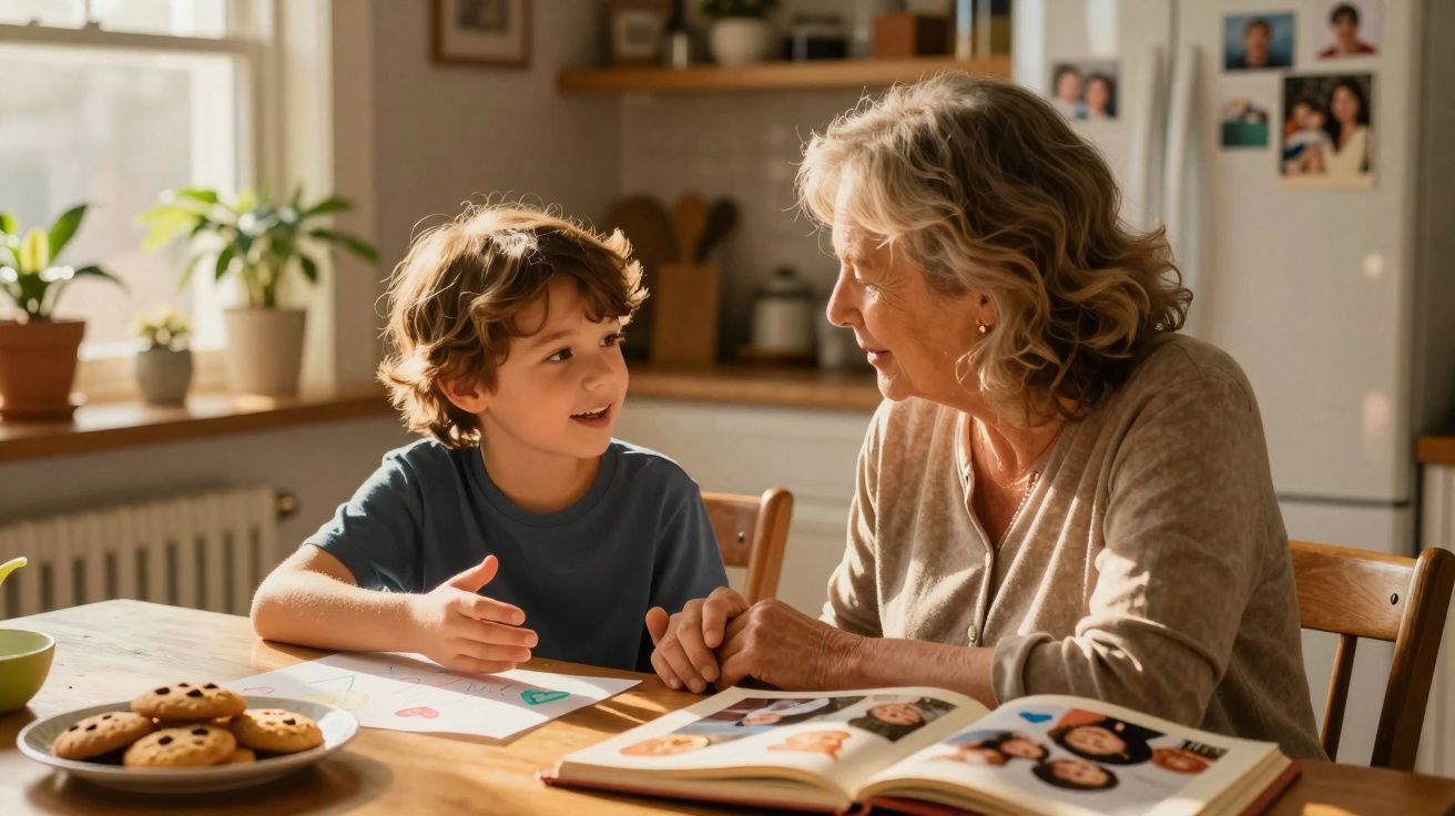 Criança e idosa sentadas à mesa, a olhar-se e a conversar, com livro e bolachas na mesa.