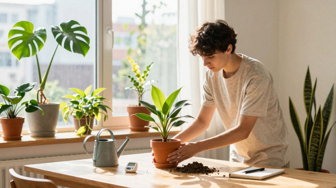 Pessoa a cuidar de planta em vaso numa mesa com terra e regador junto à janela iluminada.