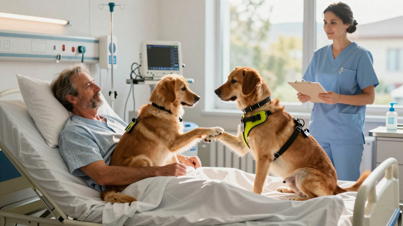Homem hospitalizado interage com dois cães terapia enquanto enfermeira observa com tablet.