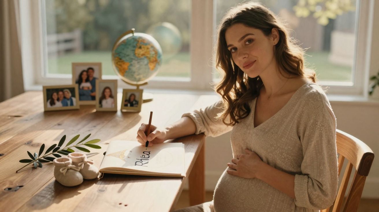 Mulher grávida sentada a escrever num livro de recordações com sapatinhos e fotos familiares numa mesa.