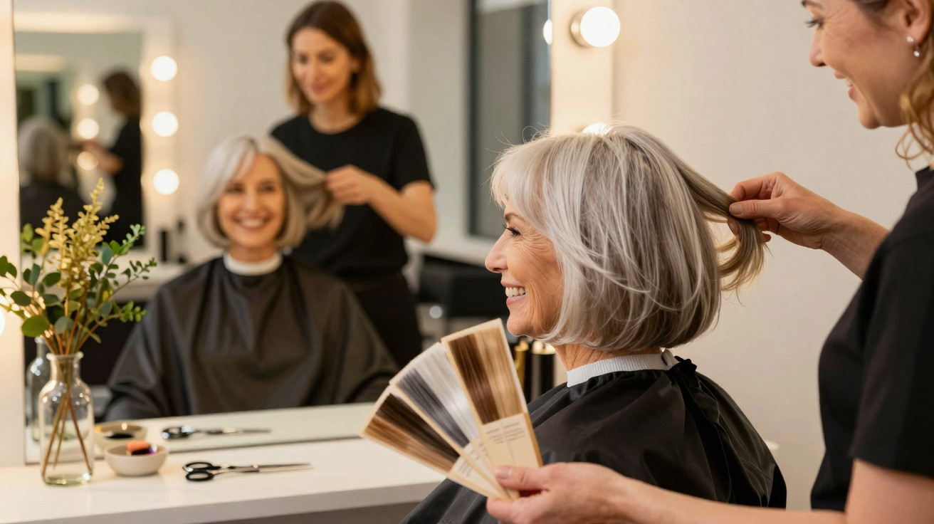 Mulher sorridente no cabeleireiro a escolher a cor do cabelo com a ajuda da profissional.