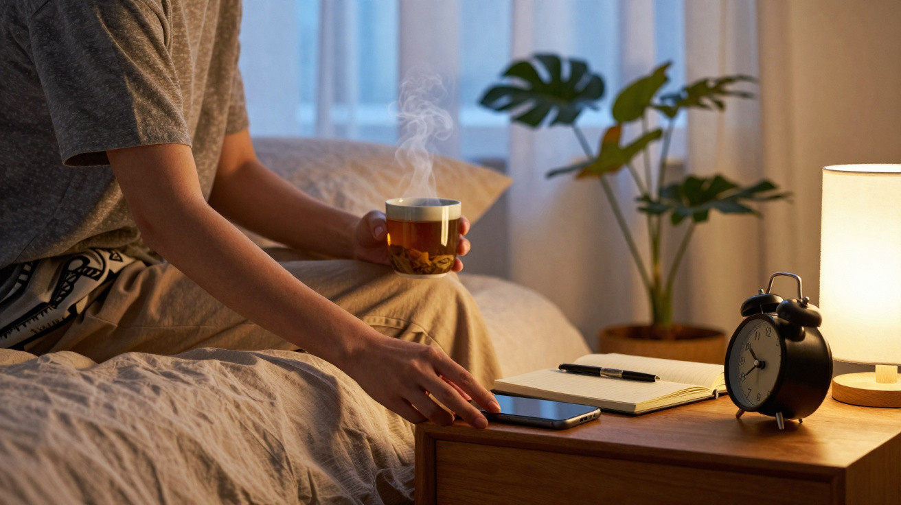 Pessoa sentada na cama com chá quente, lado de mesa com telemóvel, caderno, despertador e candeeiro ligado.