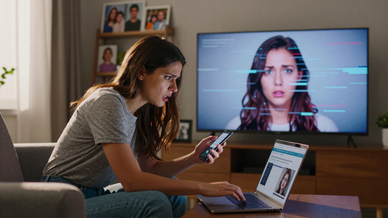Mulher preocupada com telemóvel e computador, TV mostra rosto com distorção digital atrás dela.