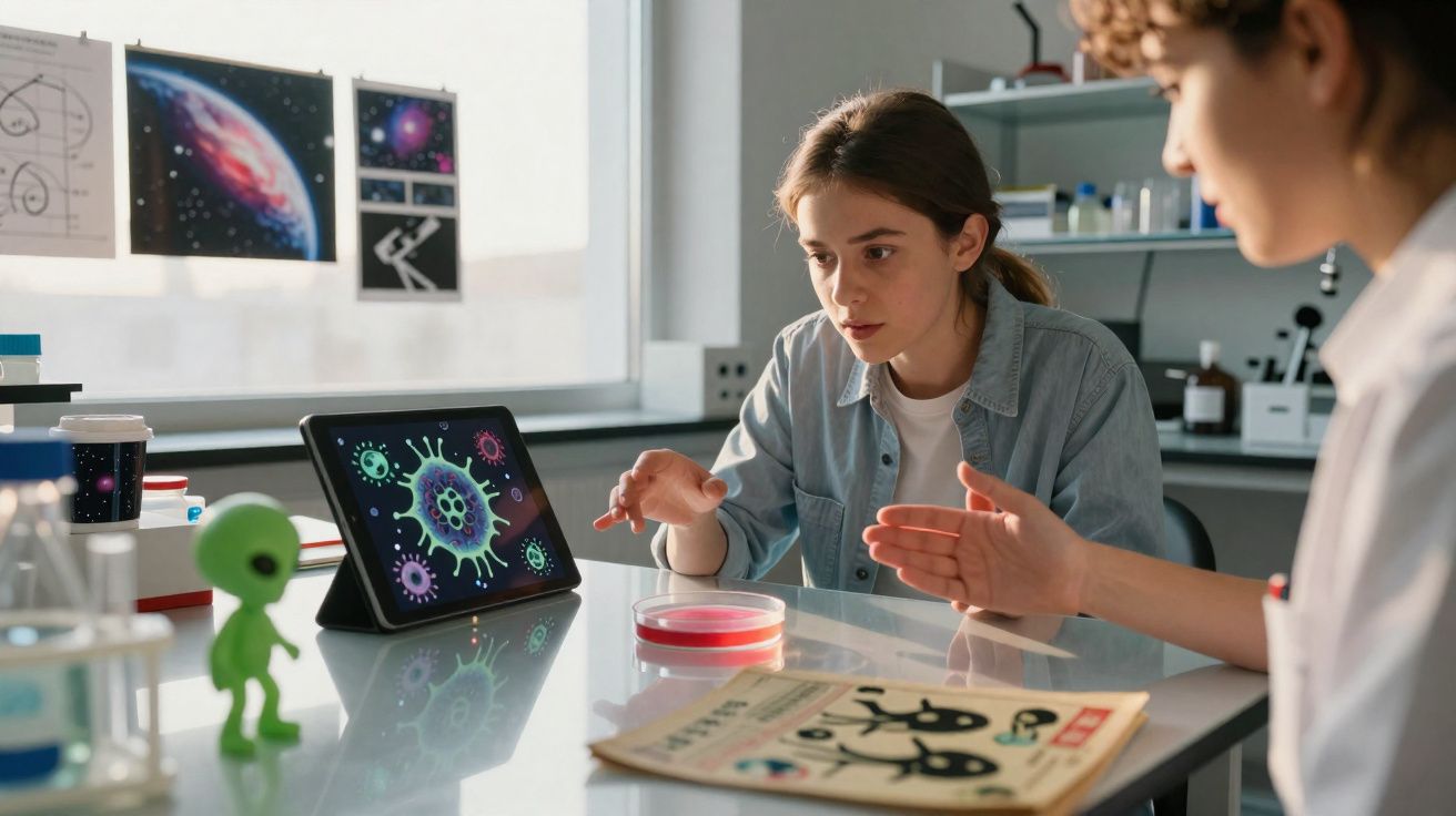 Duas jovens a estudar vírus em laboratório com imagens digitais e placas de Petri numa mesa.