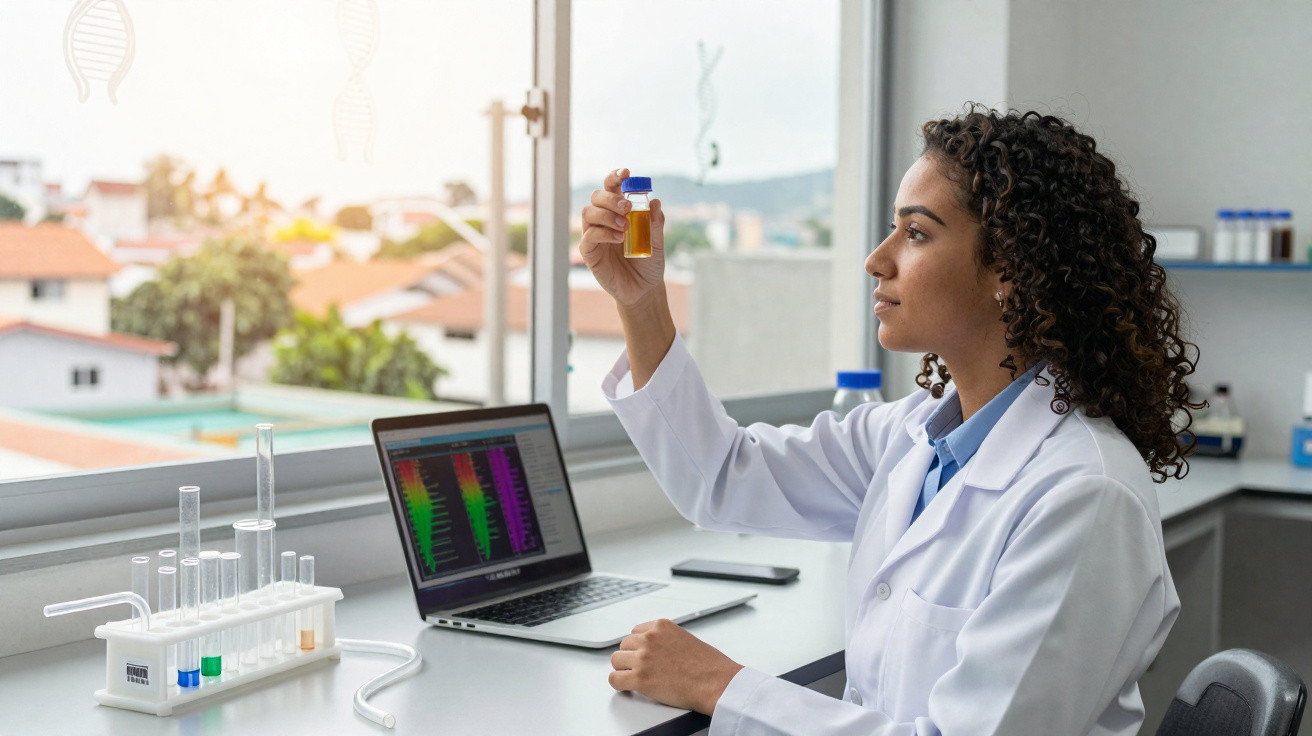 Cientista a analisar um frasco com líquido amarelo num laboratório iluminado junto a uma janela.