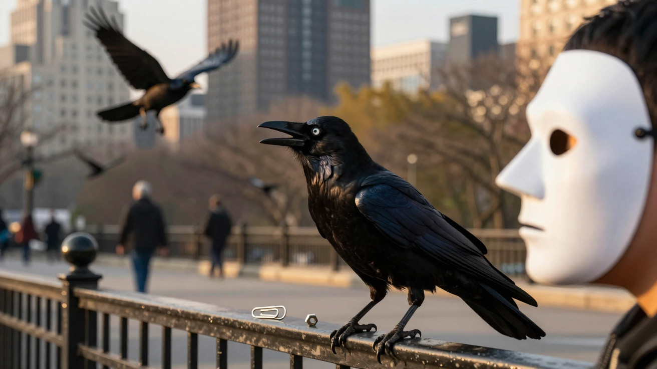 Corvo pousado numa vedação urbana com pessoa mascarada ao lado e prédios ao fundo.