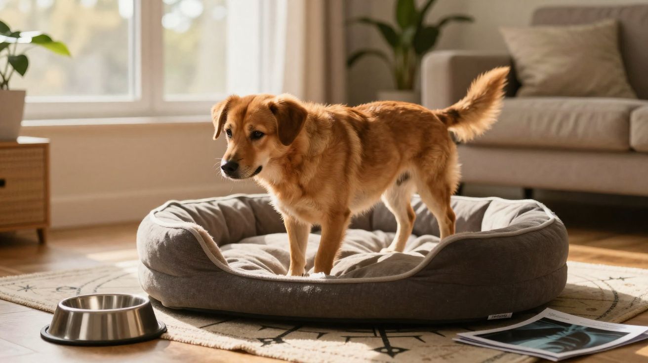 Cão castanho em cima da cama cinzenta numa sala com sofá, planta e comedouro metálico no chão.