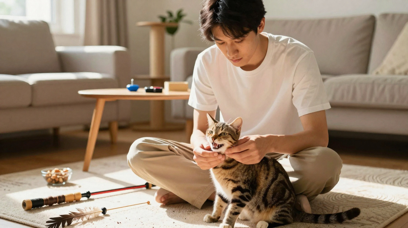 Homem sentado no chão a brincar com um gato amarrado a uma coleira dentro de sala iluminada.