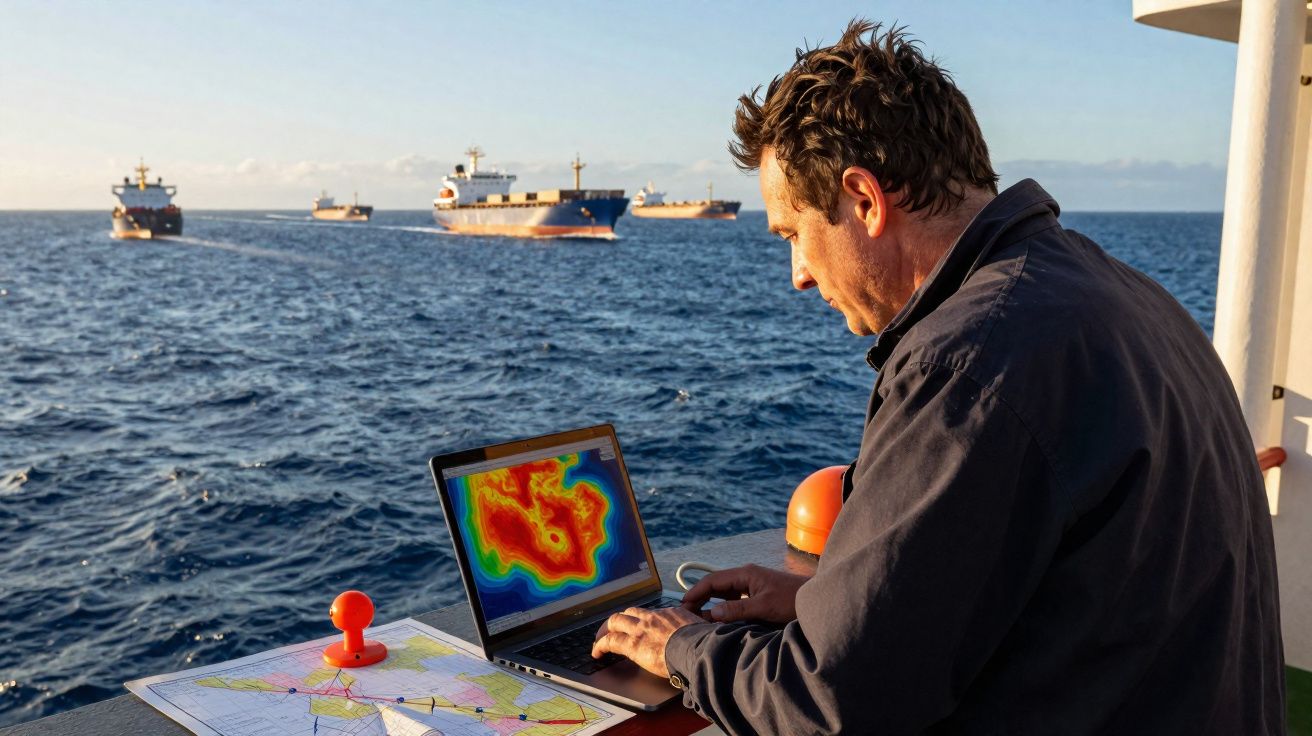 Homem a analisar dados no computador e mapa na mão a bordo de navio com outros navios no mar ao fundo.