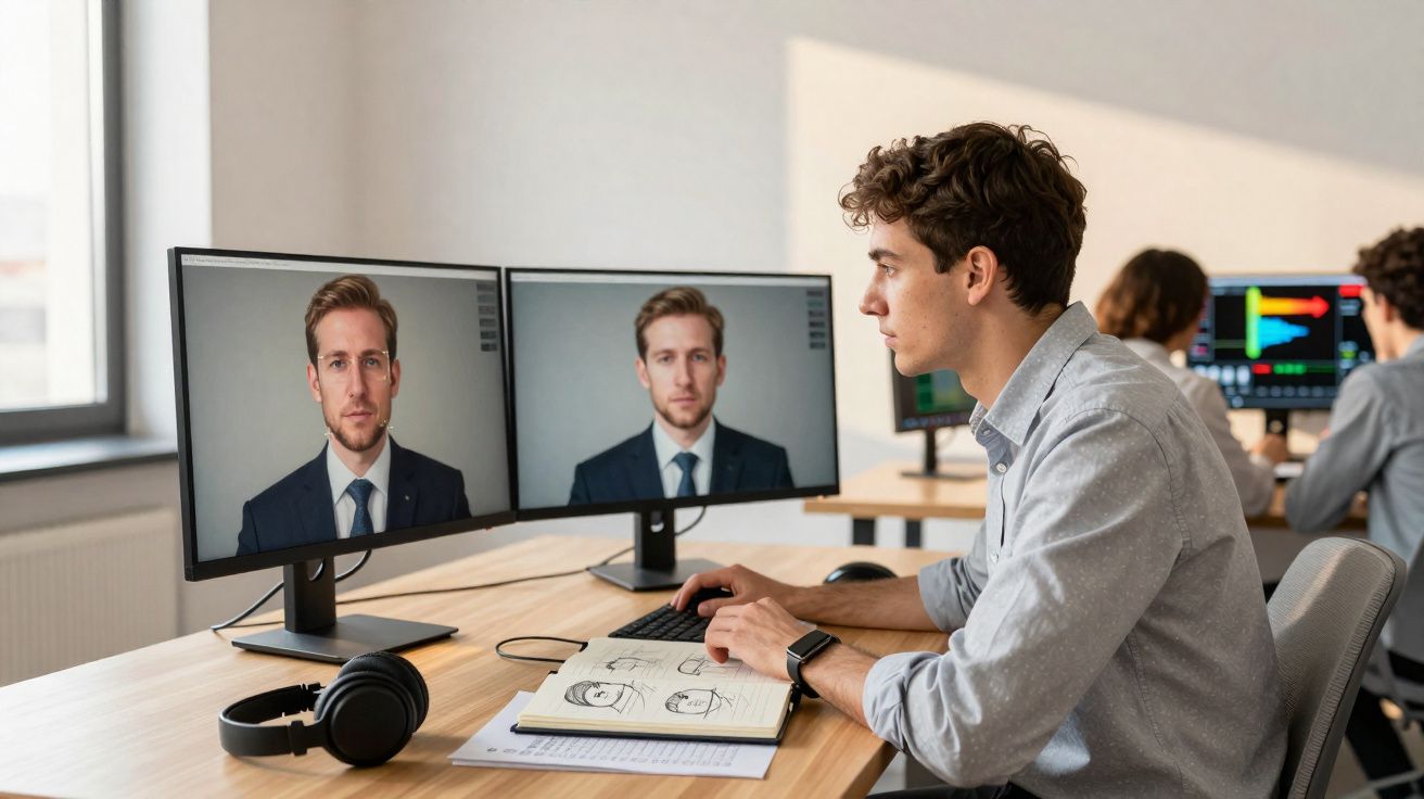 Homem jovem em videoconferência com duas imagens idênticas de um homem de fato no ecrã do computador.
